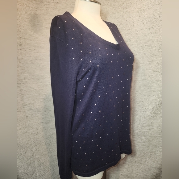Tommy Hilfiger Large Women's Navy Blue Sweater Top with Sequins V-Neck Long - Picture 1 of 7